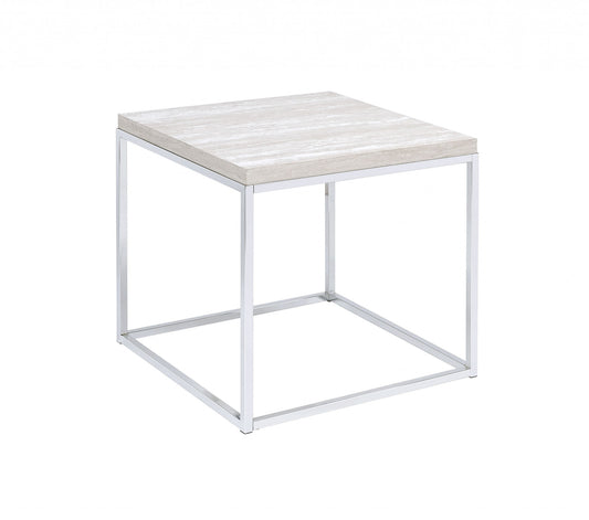 24" Chrome And White Oak Manufactured Wood And Metal Square End Table