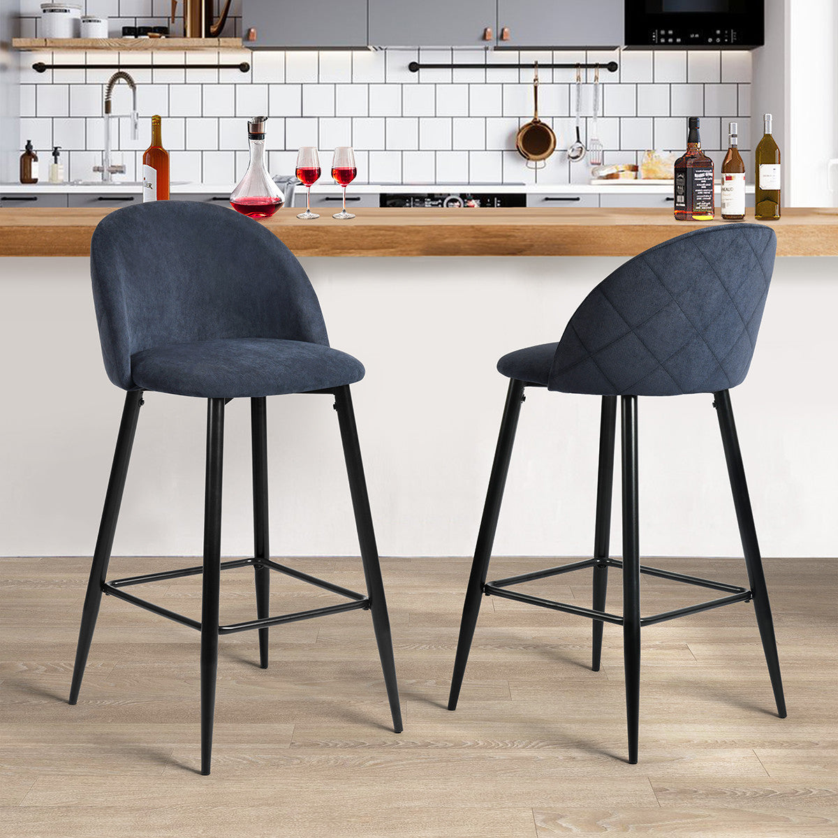 Set of Two 26" Blue And Black Steel Low Back Counter Height Bar Chairs