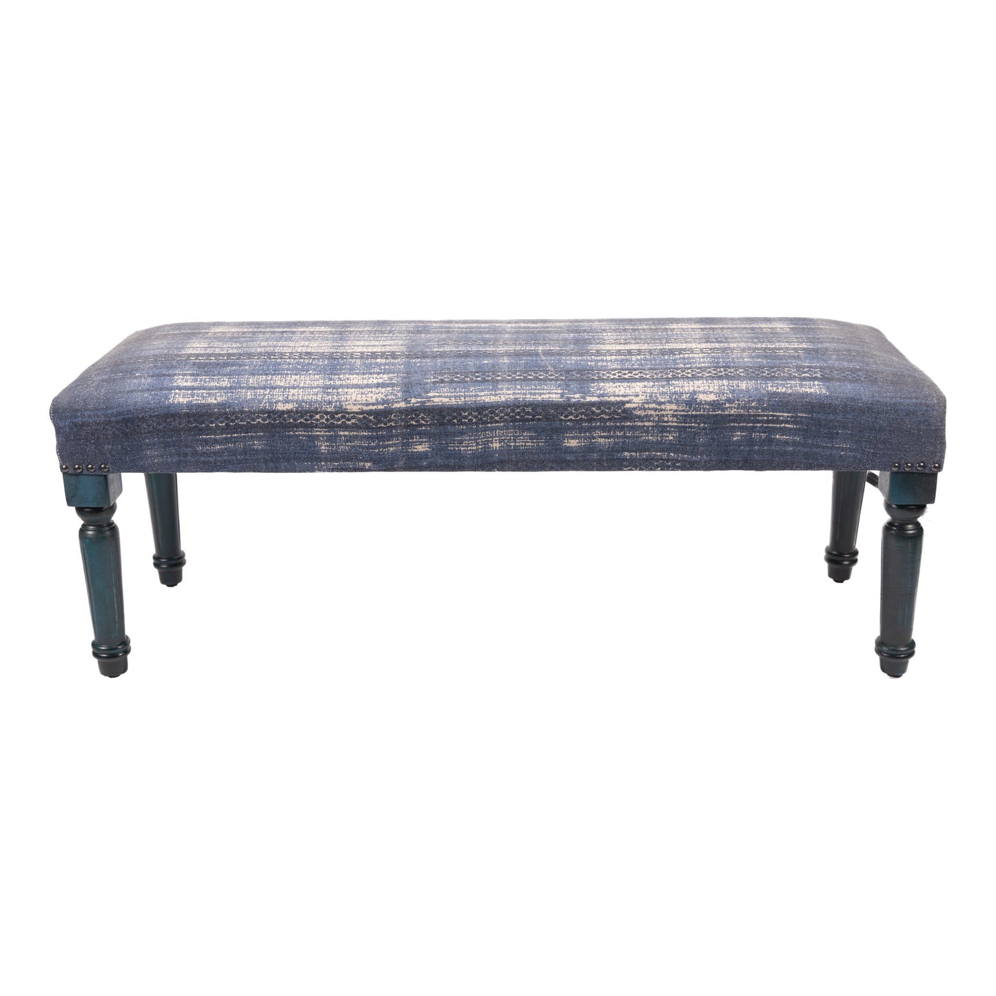 47" Blue And Cream Abstract Design Blue Leg Upholstered Bench