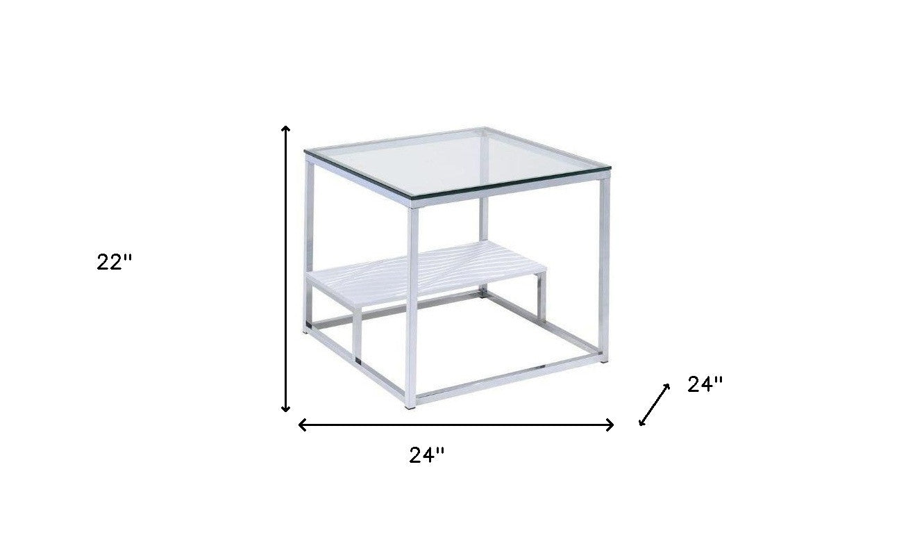 22" Chrome And Clear Glass Square End Table With Shelf