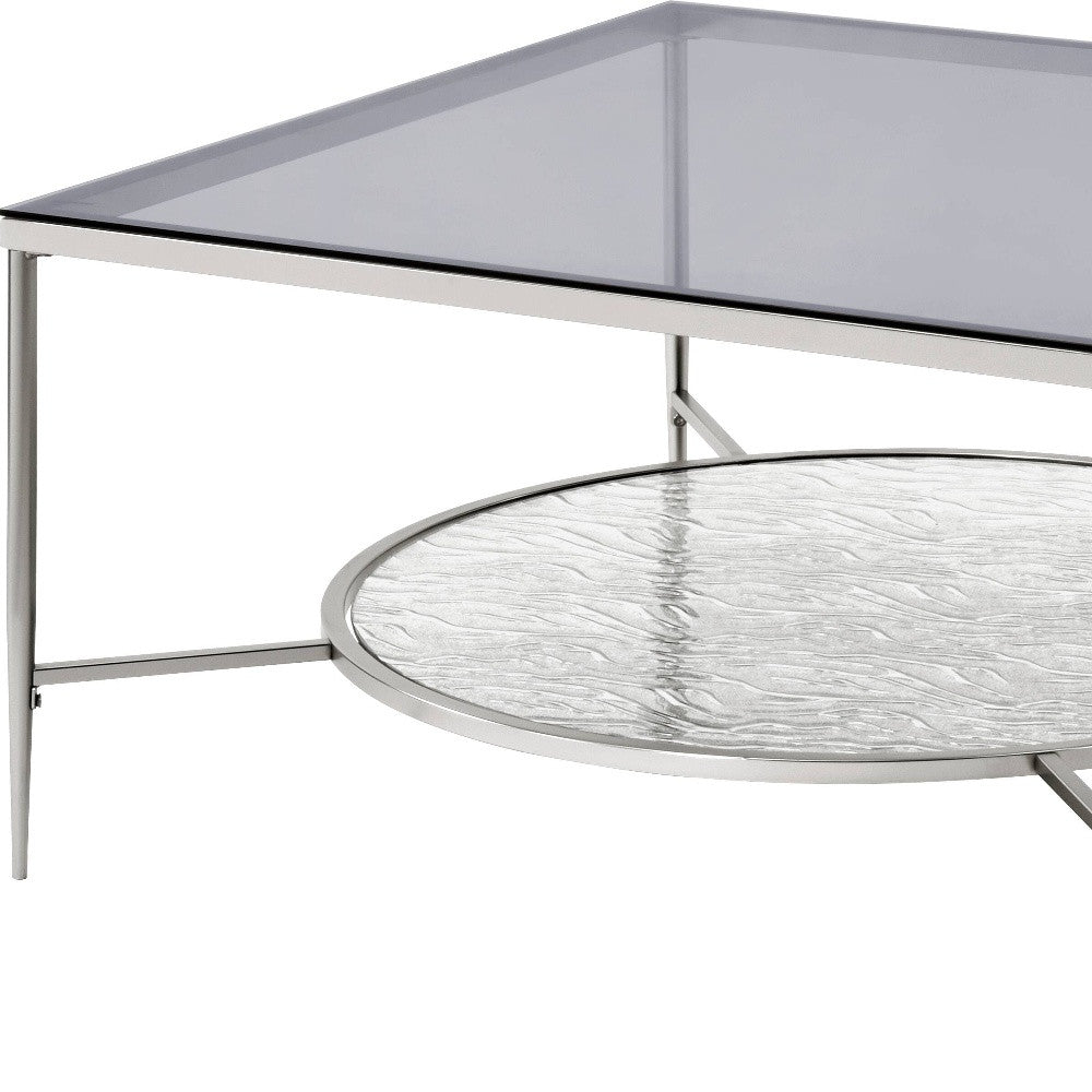 32" Chrome And Clear Glass Square Coffee Table With Shelf