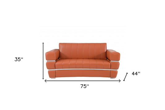 75" Camel And Silver Italian Leather Loveseat