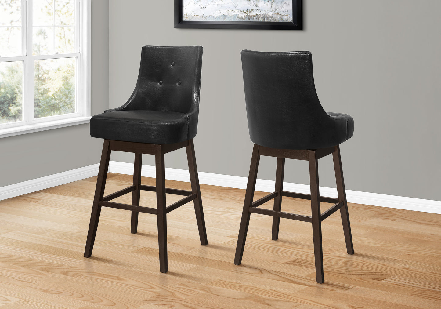 Set of Two 29" Black And Brown Faux Leather And Solid Wood Swivel Bar Height Bar Chairs