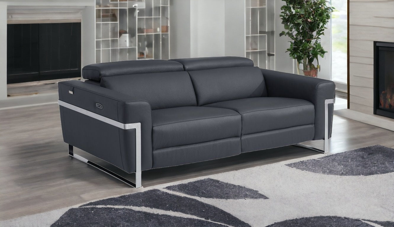 83" Gray And Silver Italian Leather USB Sofa