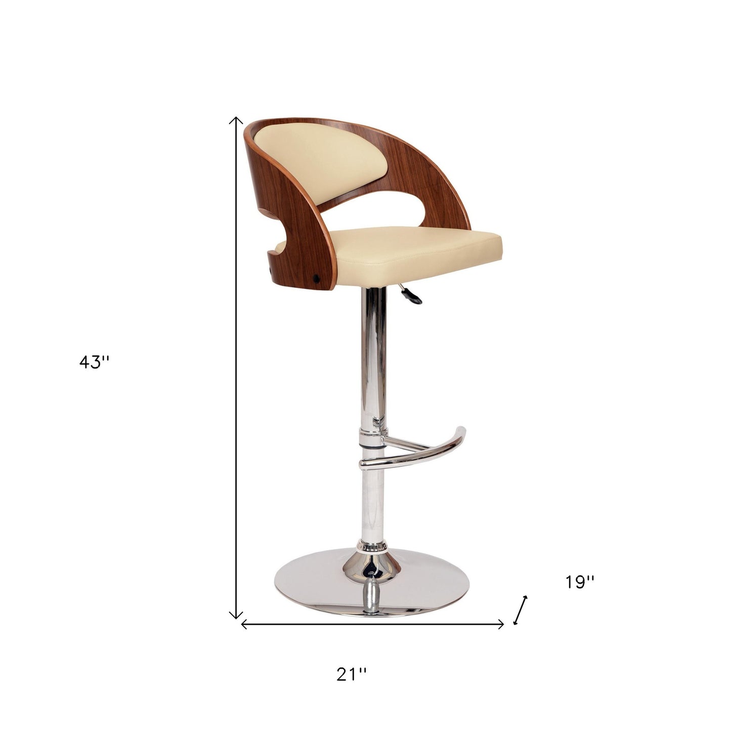 24" Cream And Brown Faux Leather And Solid Wood Swivel Low Back Adjustable Height Bar Chair