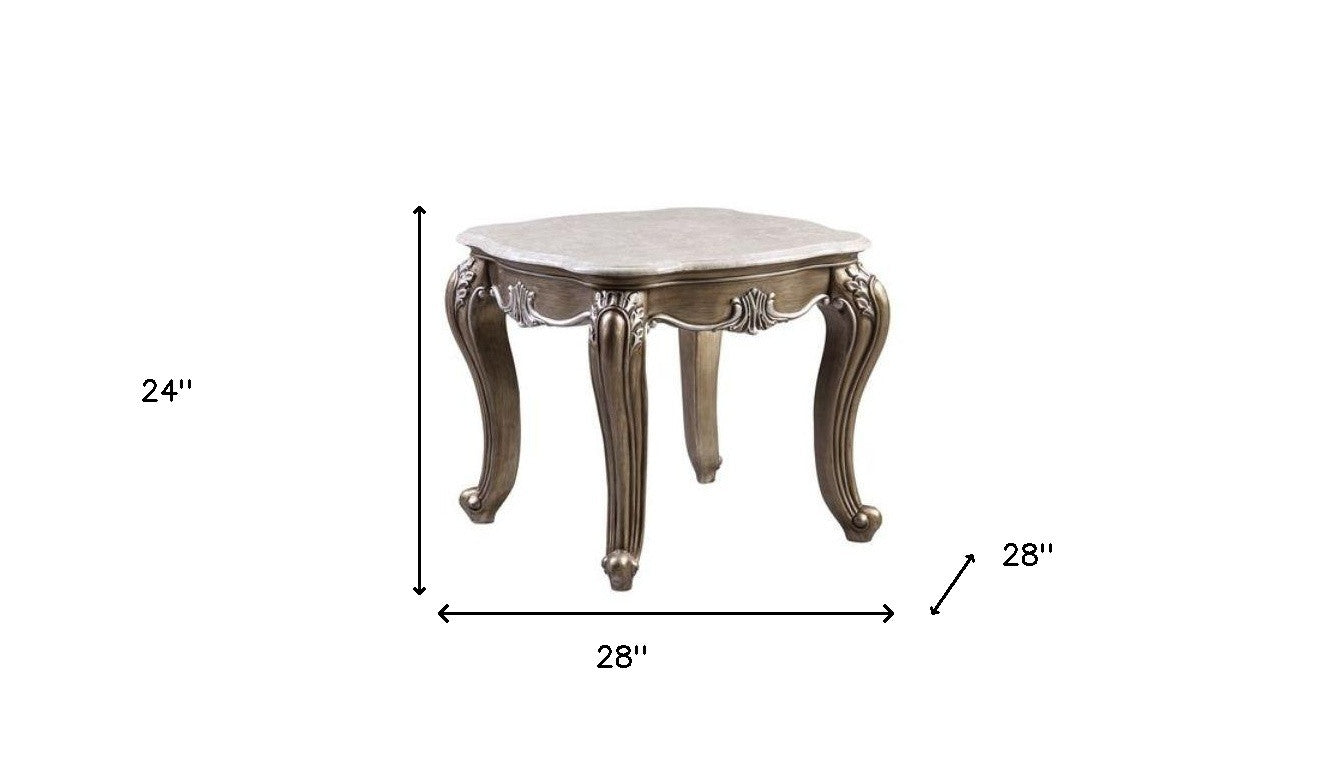 24" Antique Bronze And Marble Marble And Polyresin Square End Table