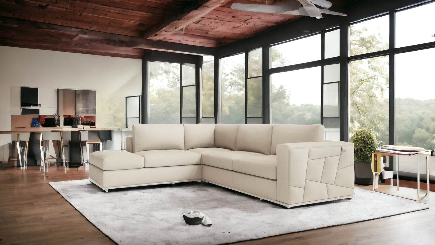 Beige Italian Leather Reclining L Shaped Two Piece Corner Sectional