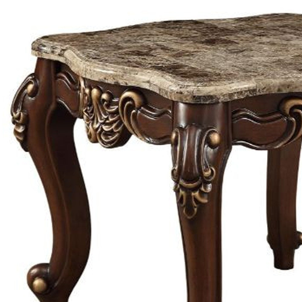 24" Walnut And Marble Marble And Solid Wood Square End Table