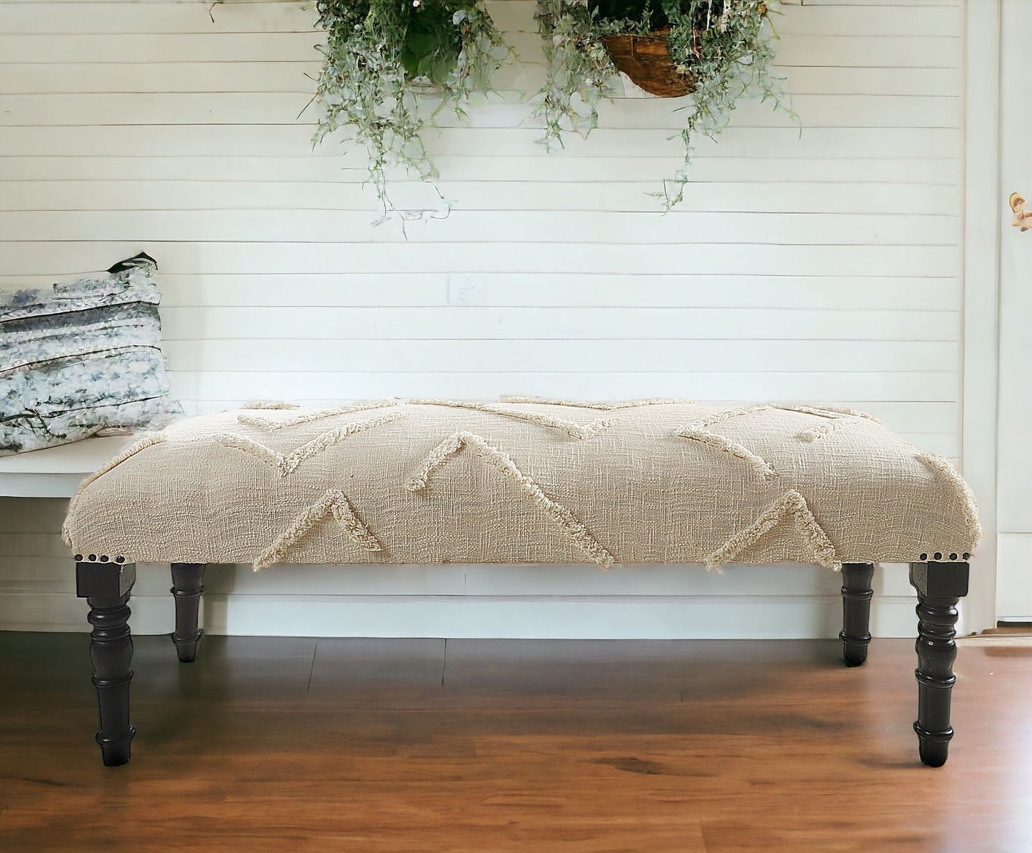 47" Cream And Black Leg Abstract Upholstered Bench