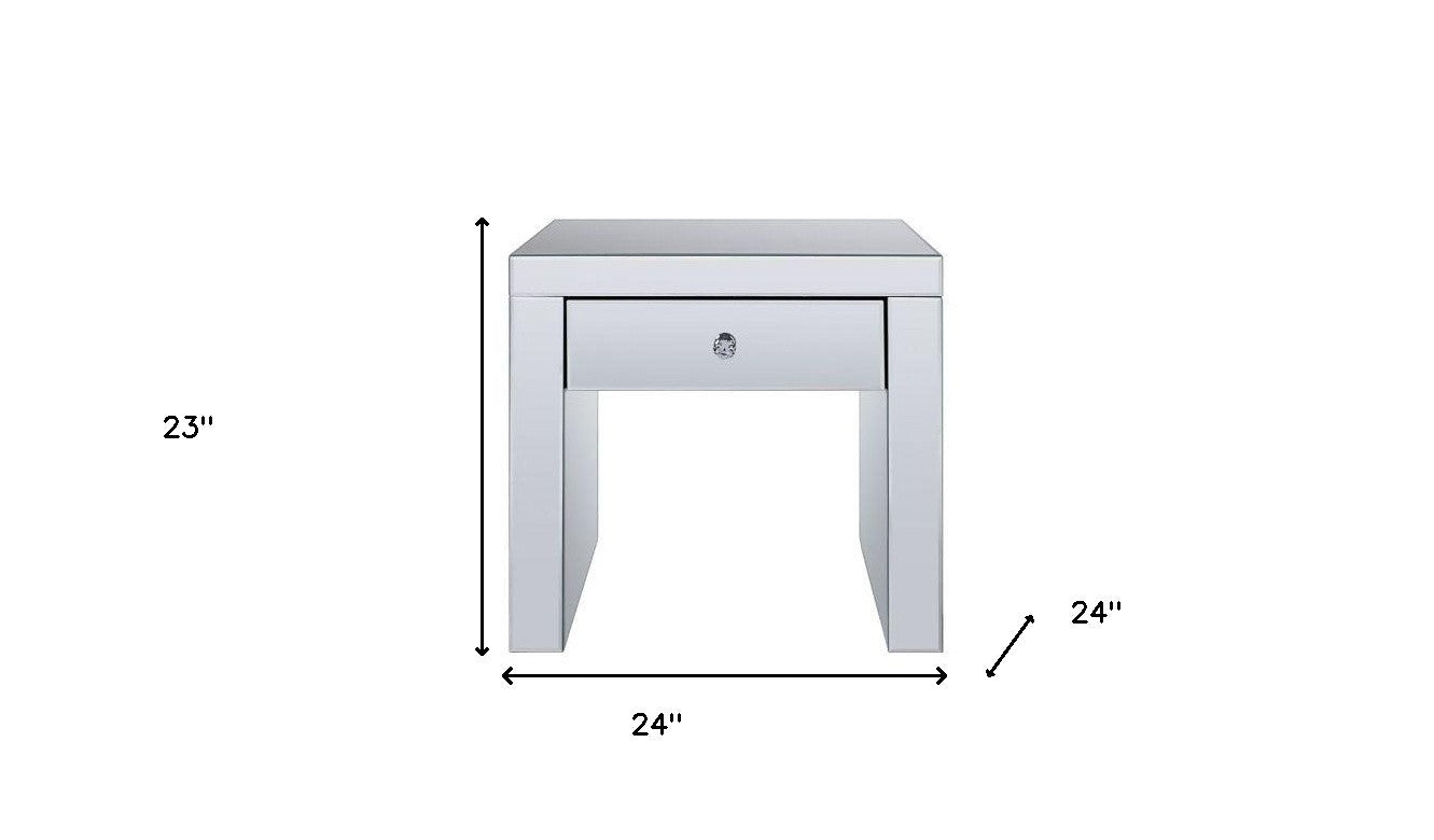 23" Silver Glass And Manufactured Wood Square Mirrored End Table With Drawer