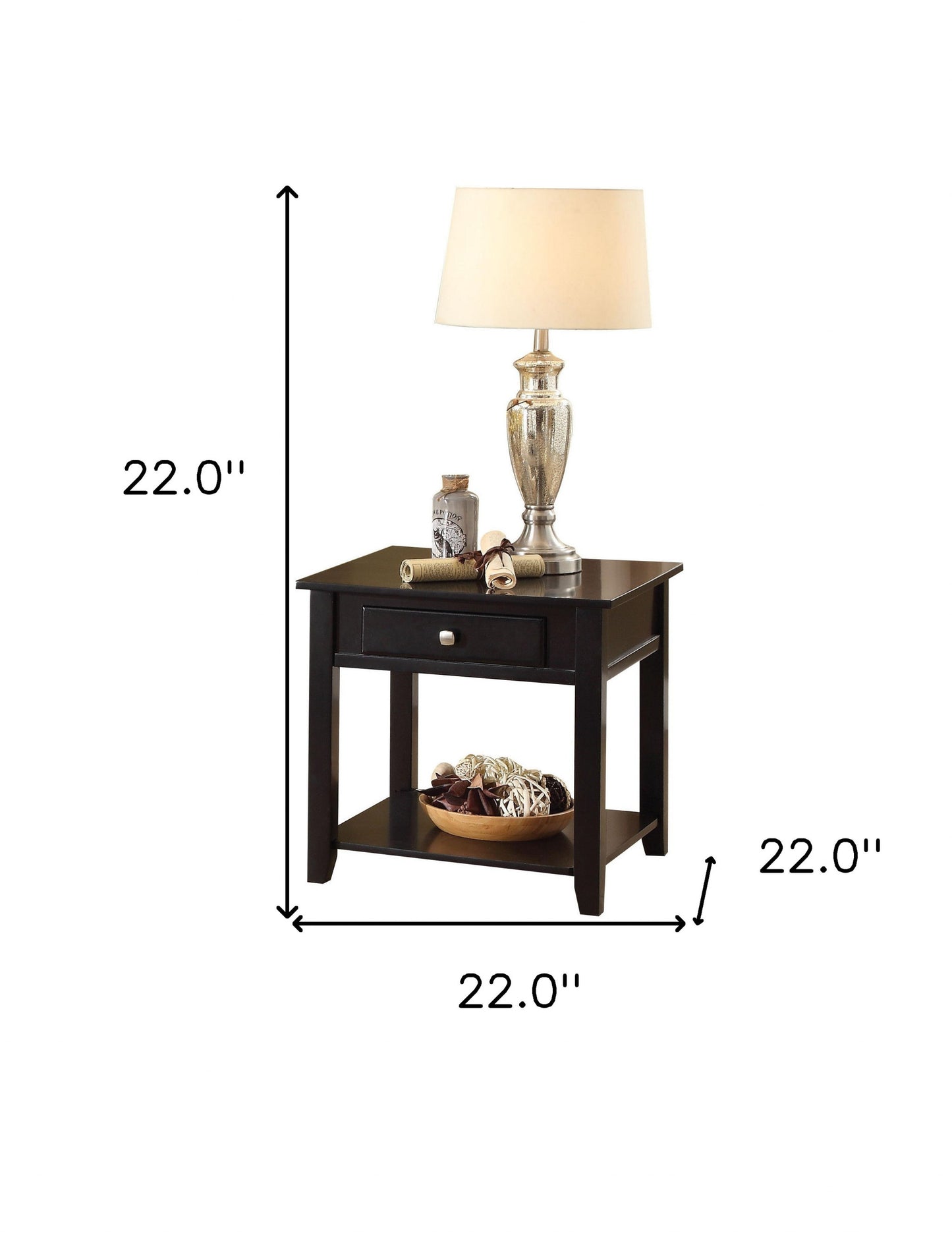 22" Black Manufactured Wood Square End Table With Drawer With Shelf