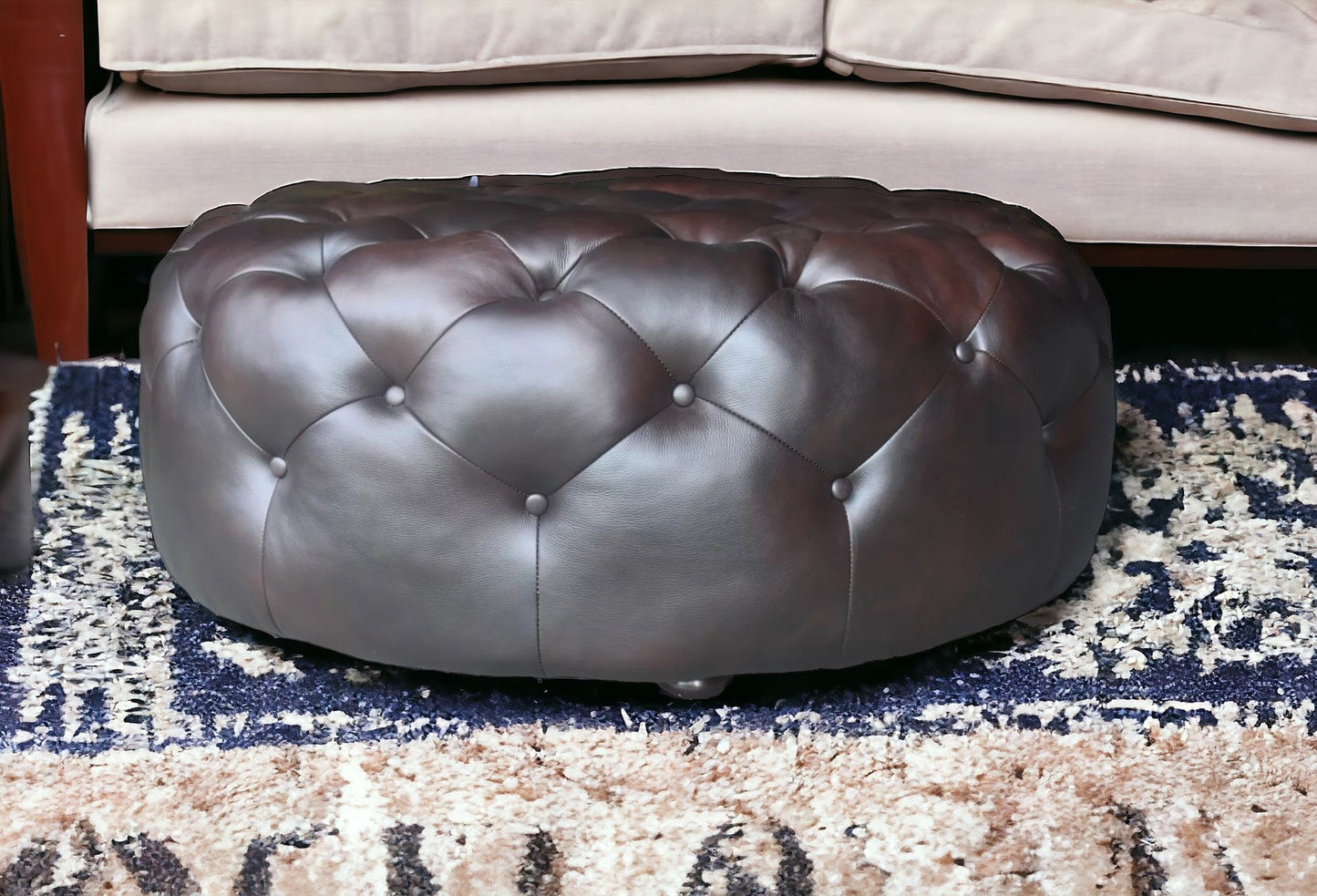 41" Brown Genuine Leather And Dark Brown Tufted Round Ottoman