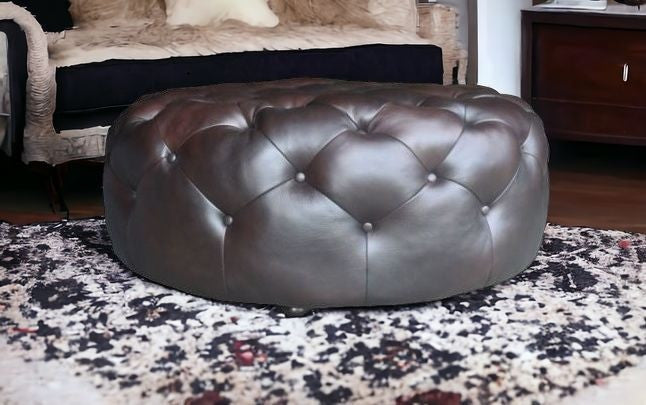 41" Brown Genuine Leather And Dark Brown Tufted Round Ottoman