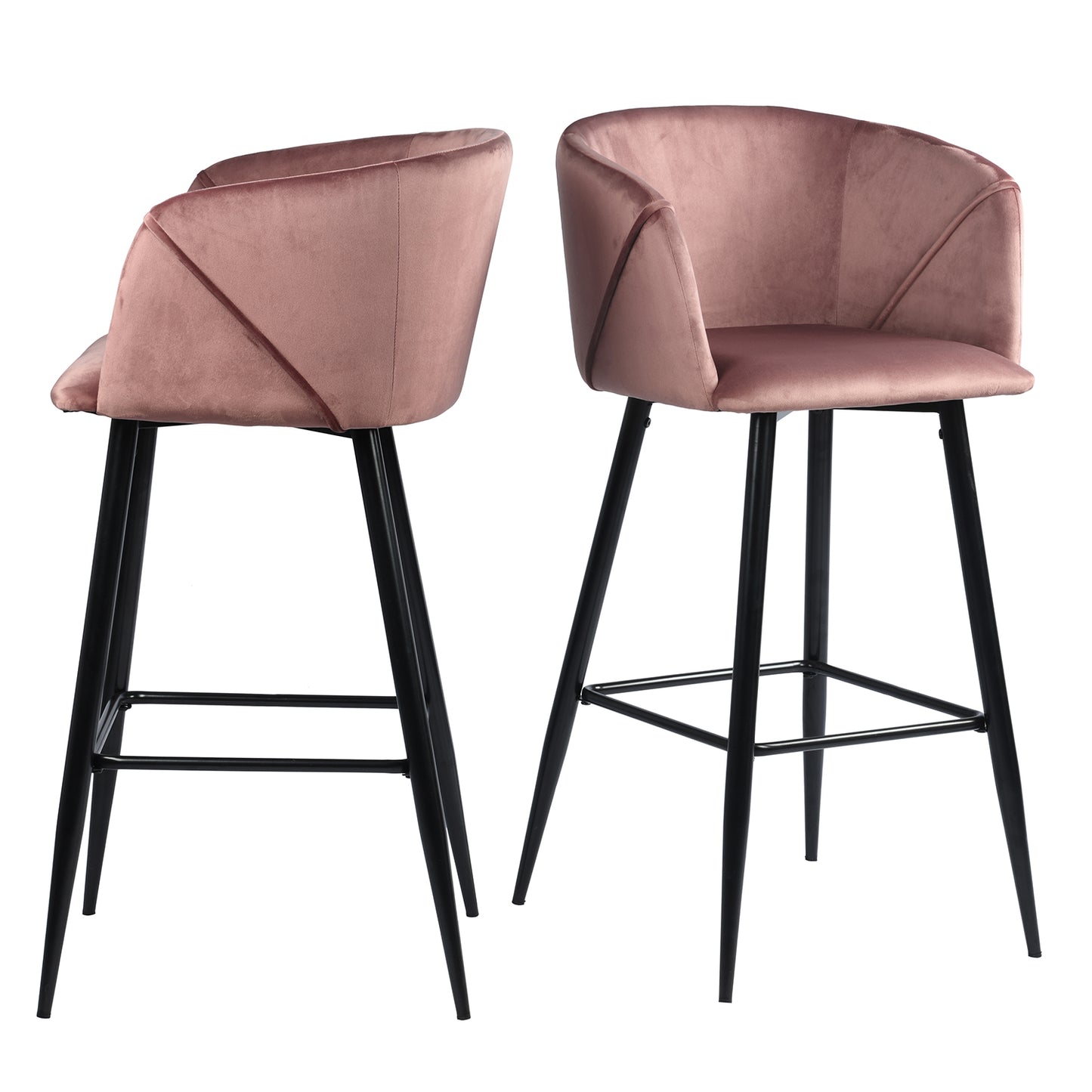 Set of Two 28" Rose And Black Velvet And Steel Low Back Bar Height Bar Chairs