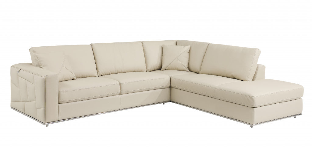 Beige Italian Leather Reclining L Shaped Two Piece Corner Sectional