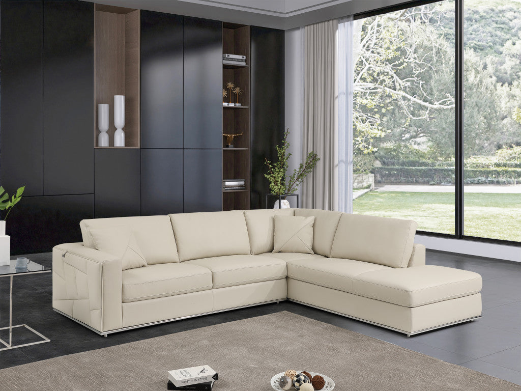 Beige Italian Leather Reclining L Shaped Two Piece Corner Sectional