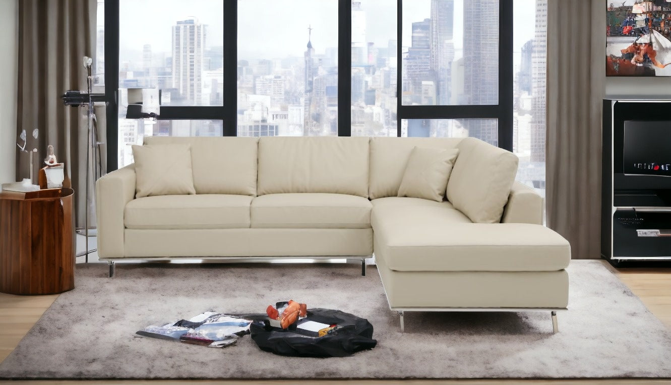 Beige Italian Leather Reclining L Shaped Two Piece Corner Sectional