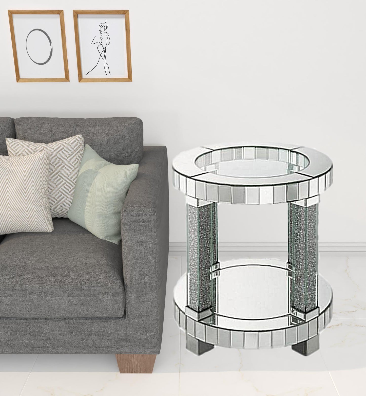 24" Clear Glass And Mirrored Round End Table With Shelf