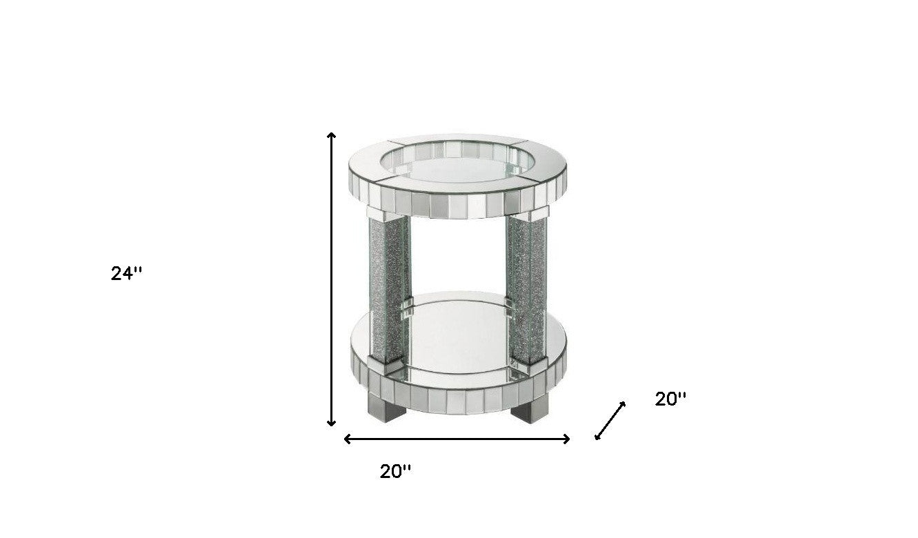 24" Clear Glass And Mirrored Round End Table With Shelf