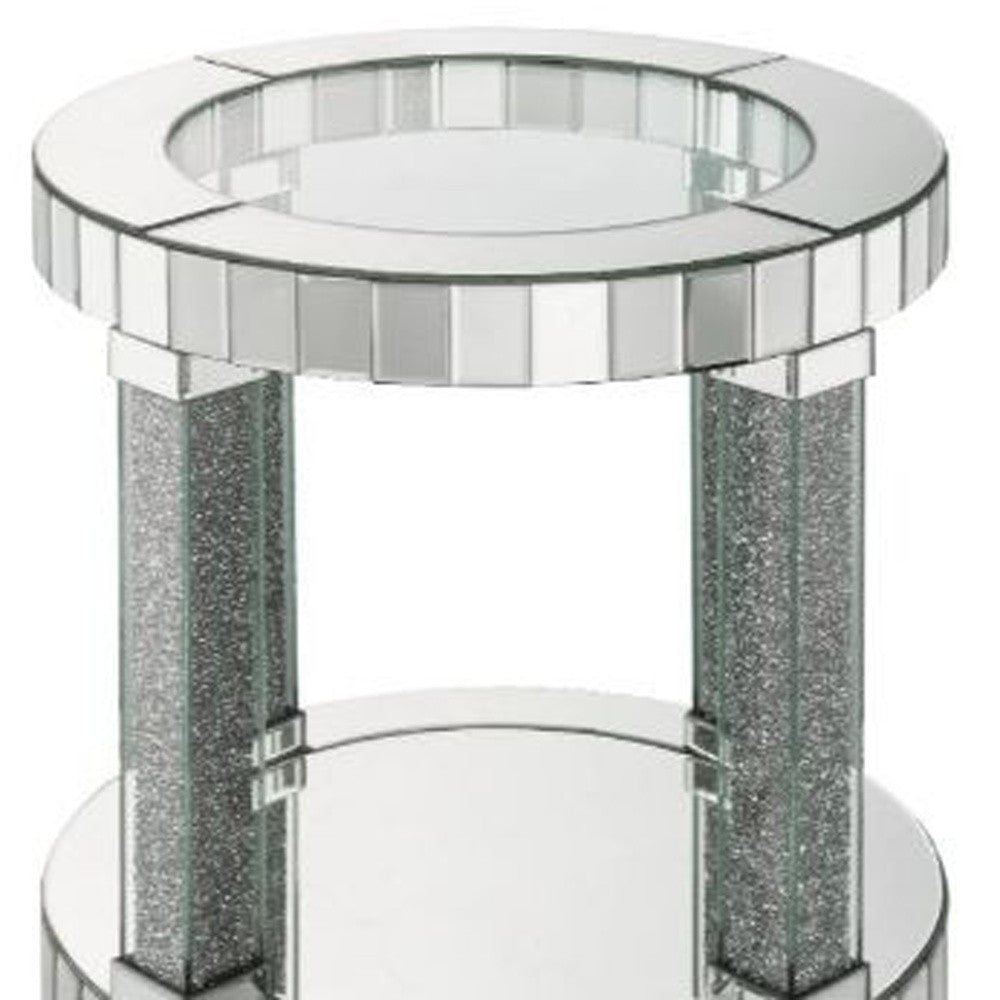 24" Clear Glass And Mirrored Round End Table With Shelf