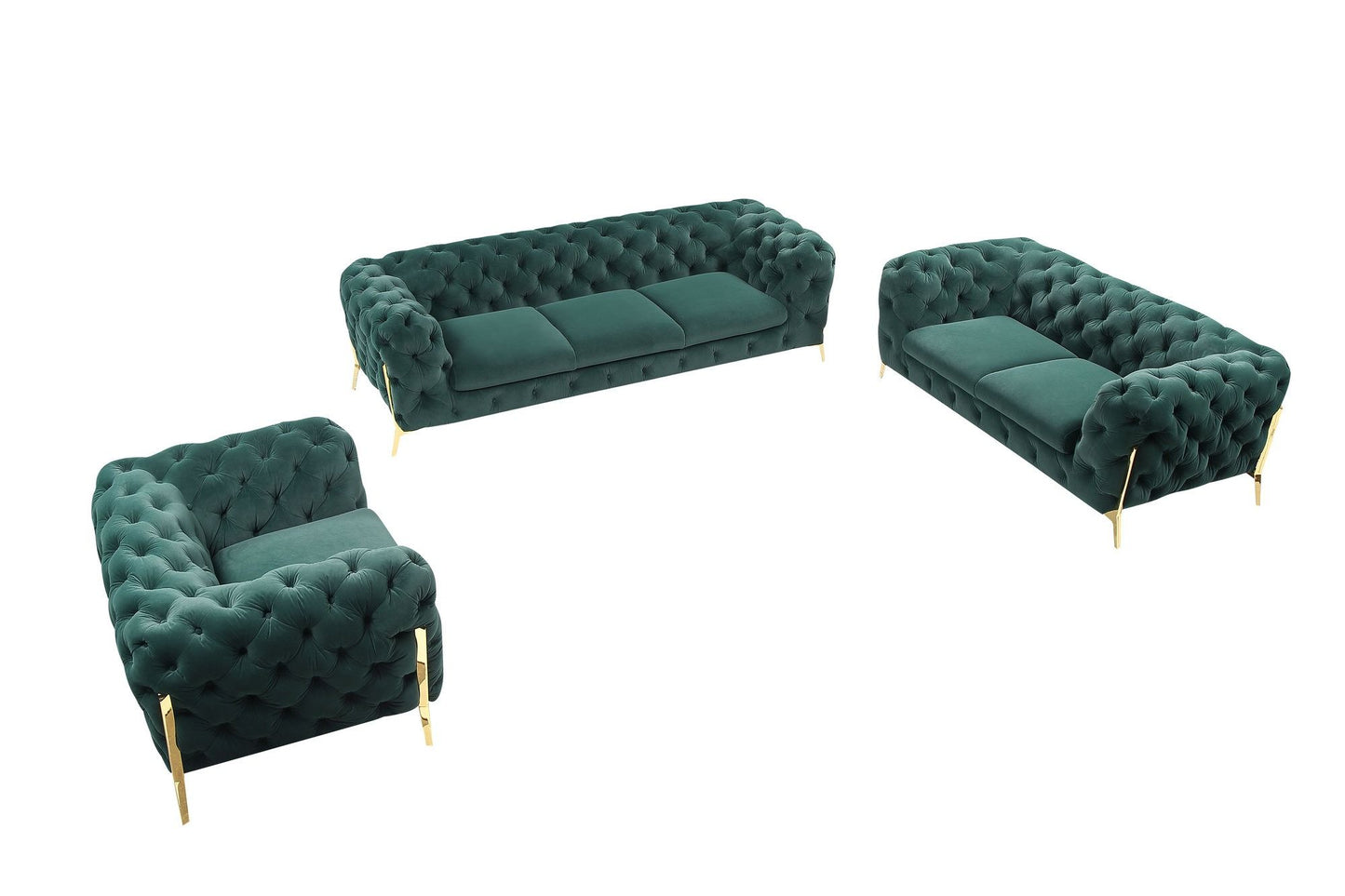 Three Piece Green Velvet Six Person Seating Set