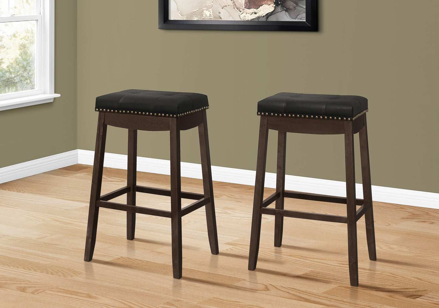 Set of Two 30" Black And Espresso Faux Leather And Solid Wood Backless Bar Height Bar Chairs