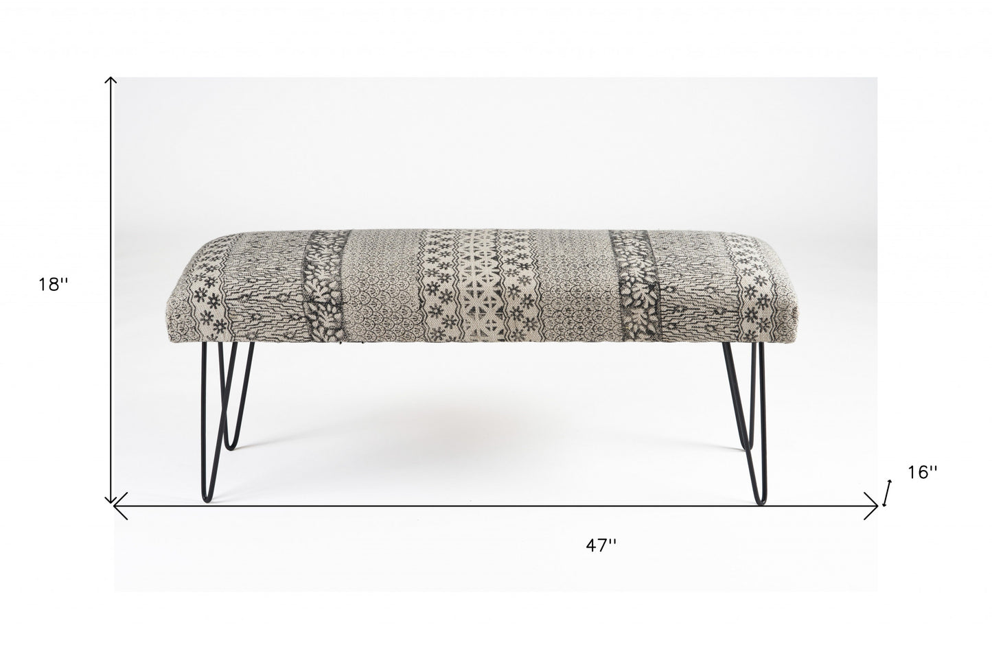 47" Charcoal Gray and White Black Leg Abstract Floral Upholstered Bench