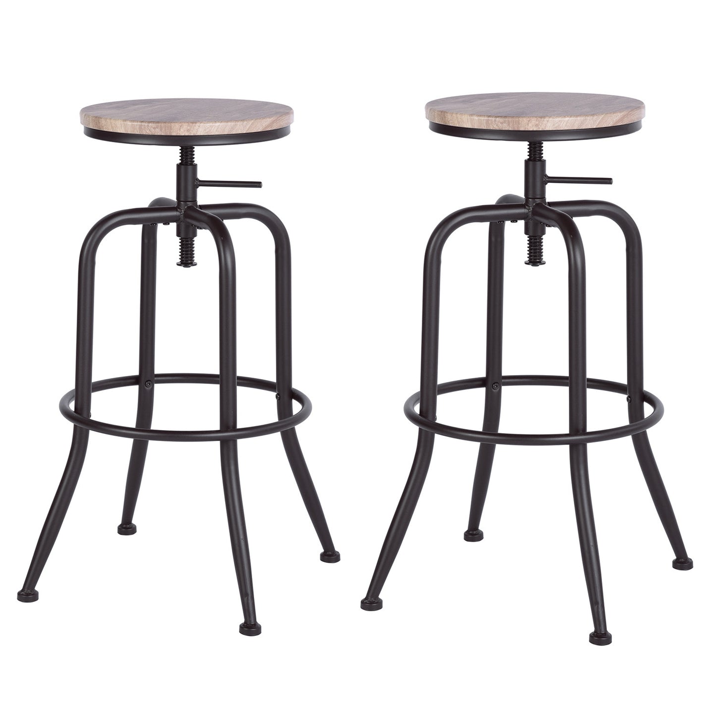 Set of Two 30" Natural And Black Steel Swivel Backless Bar Chairs