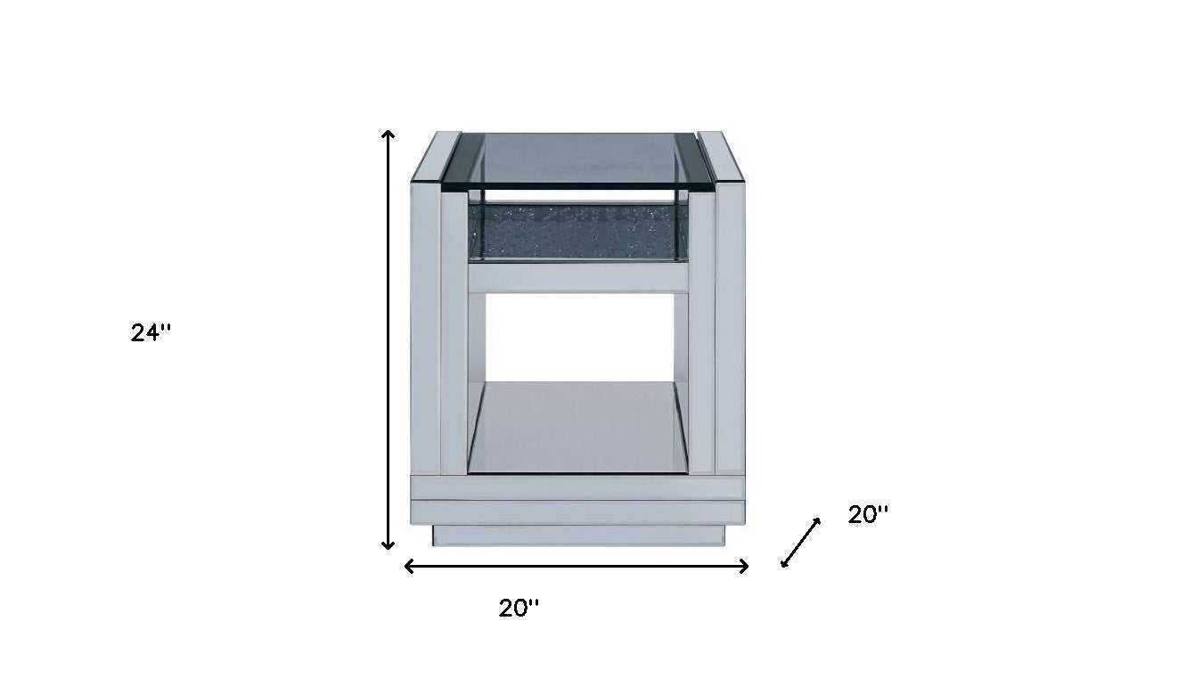 24" Silver Glass And Manufactured Wood Square Mirrored End Table With Two Shelves