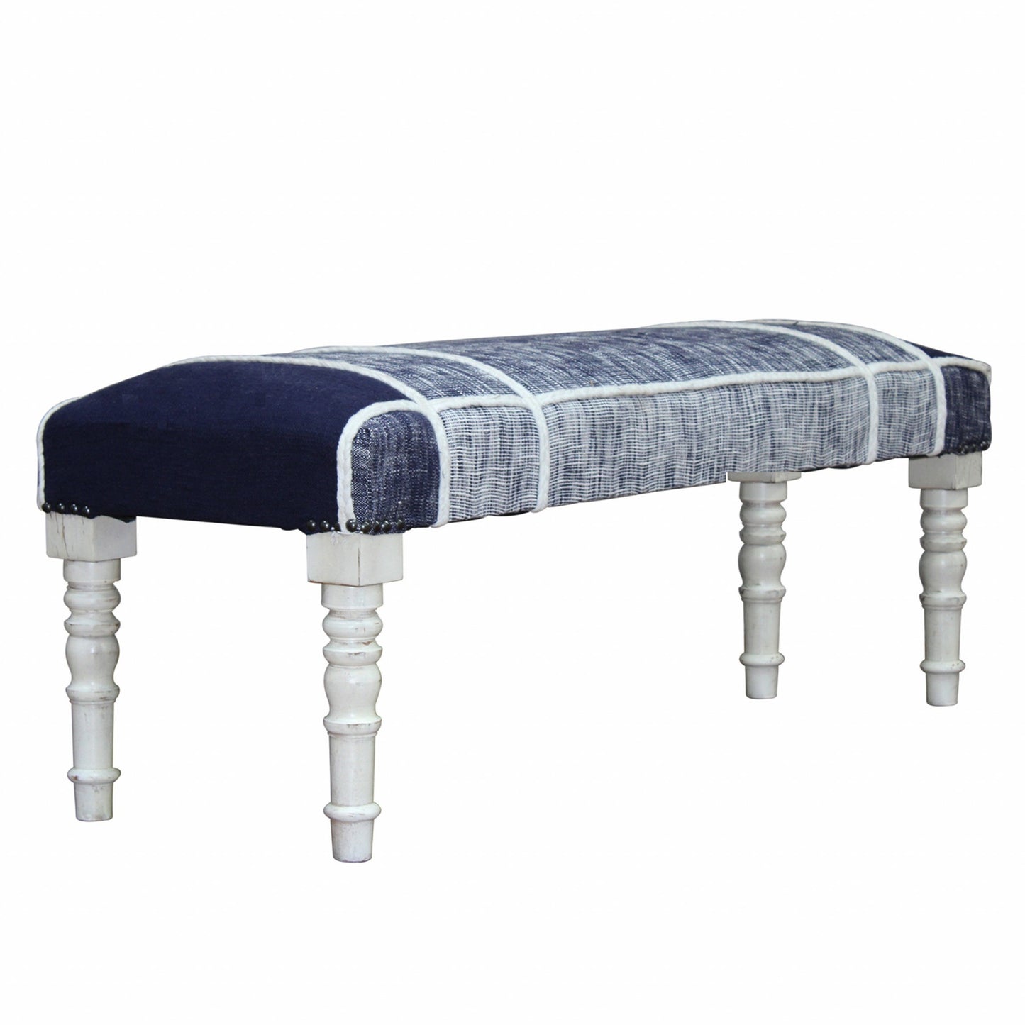 47" Blue And Gray Textural White Leg Upholstered Bench