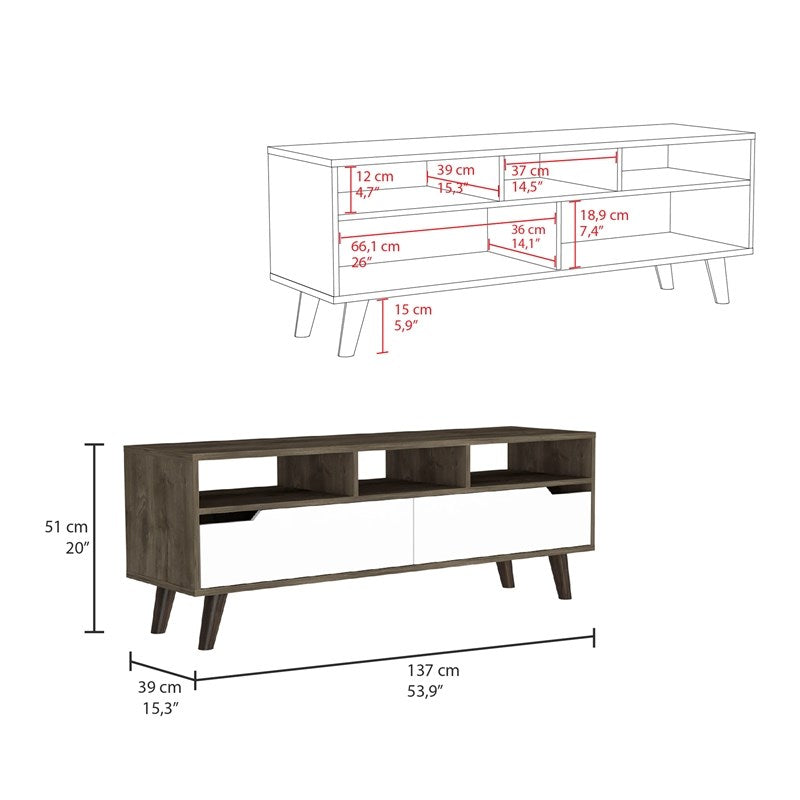 54" Brown And White Particle Board Open Shelving TV Stand