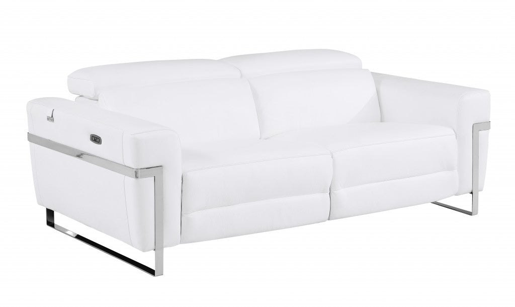 83" White And Silver Italian Leather USB Sofa