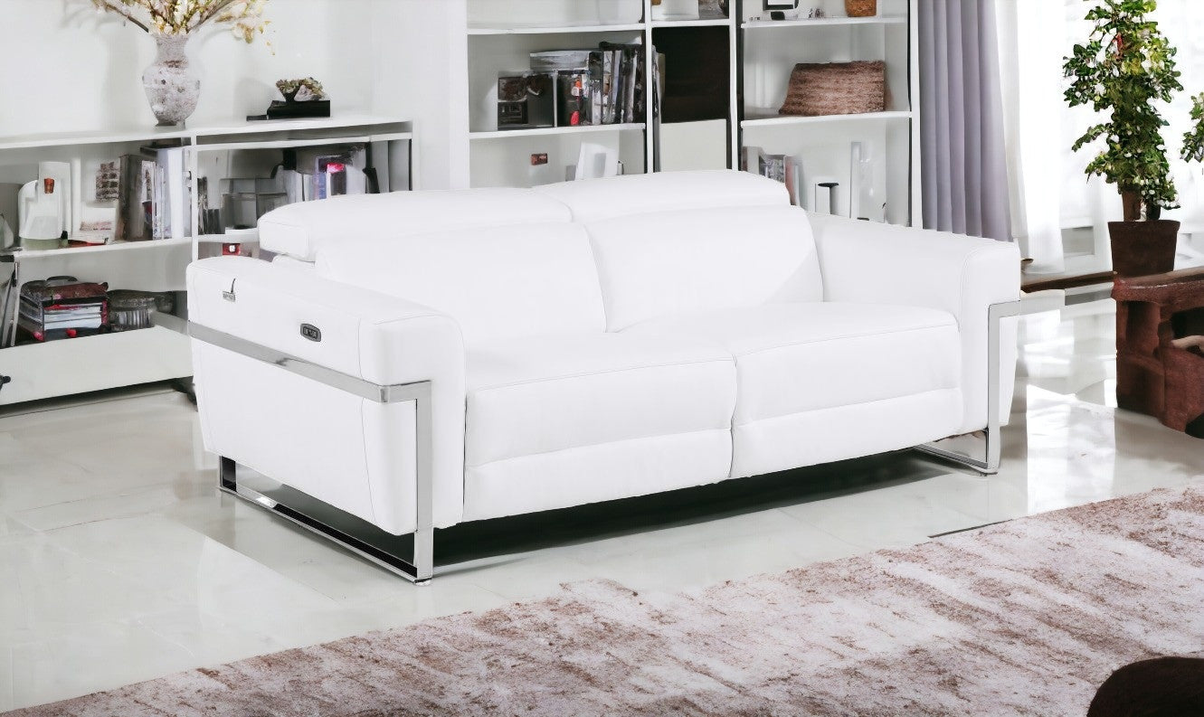 83" White And Silver Italian Leather USB Sofa