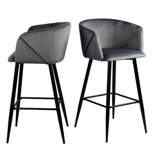 Set of Two 28" Gray And Black Velvet And Steel Low Back Bar Height Bar Chairs