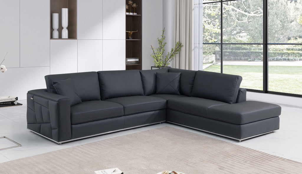 Dark Gray Italian Leather Reclining L Shaped Two Piece Corner Sectional