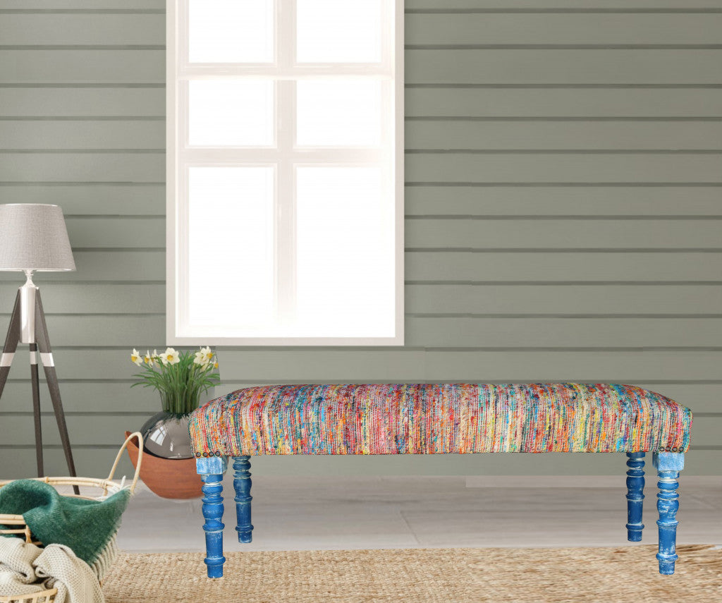 47" Rainbow Stripe Blue Leg Upholstered Bench