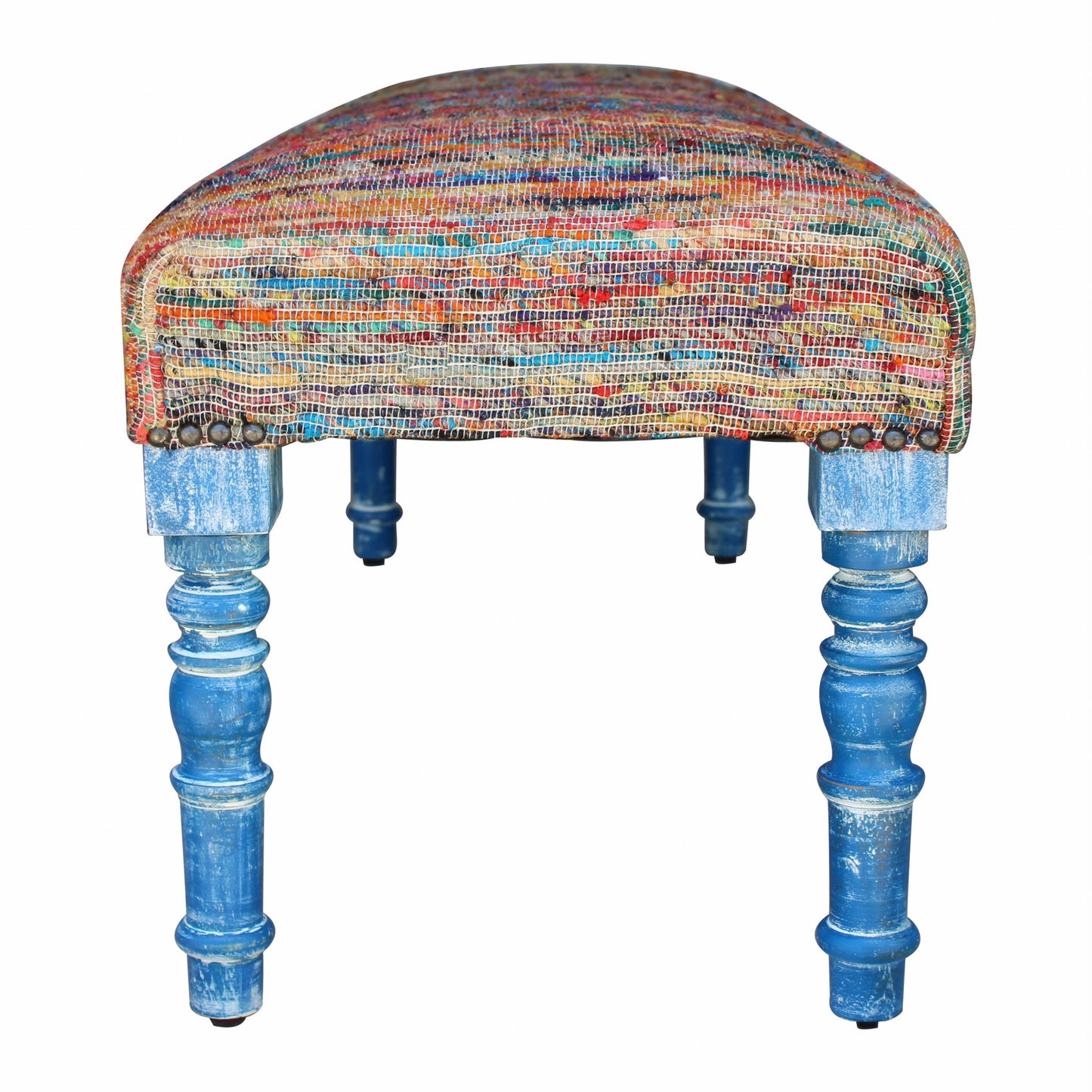 47" Rainbow Stripe Blue Leg Upholstered Bench