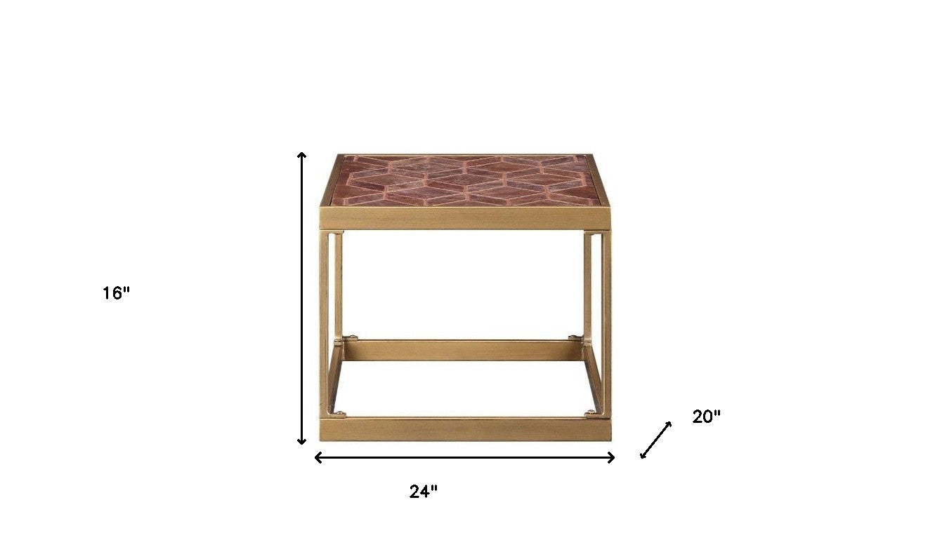 16" Brass And Warm Brown Leather Rectangular End Table