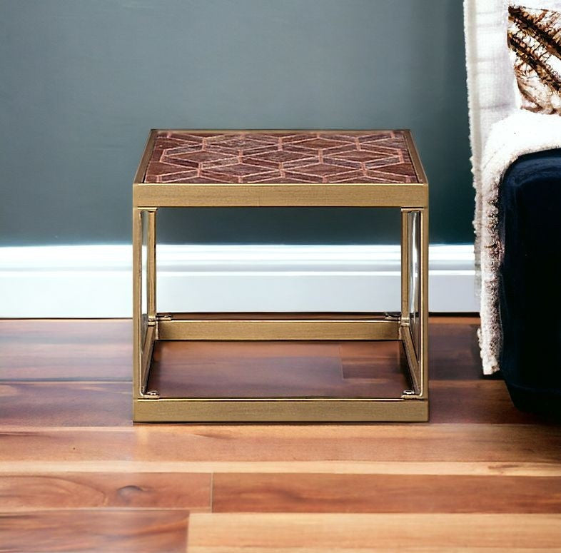 16" Brass And Warm Brown Leather Rectangular End Table