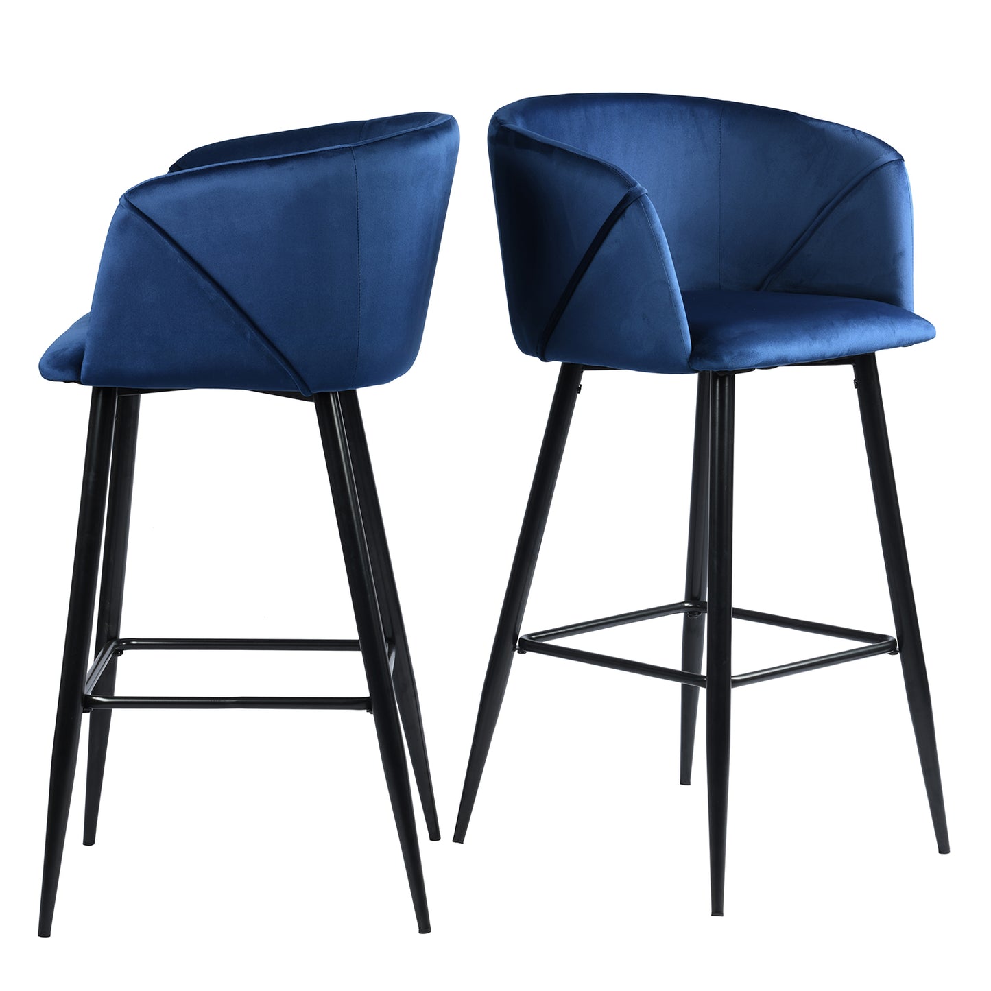 Set of Two 28" Blue And Black Velvet And Steel Low Back Bar Height Bar Chairs