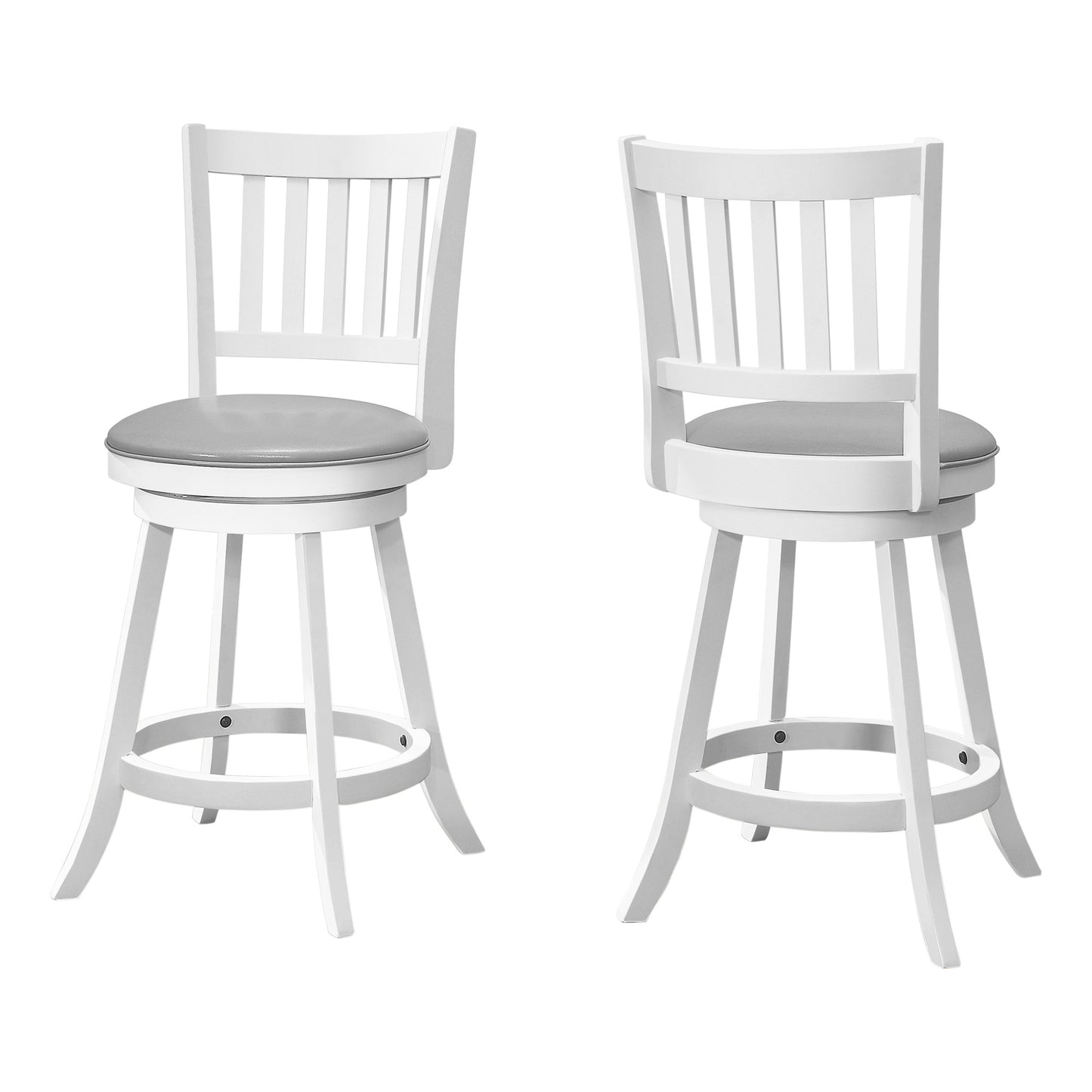 Set of Two 23" Gray And White Faux Leather And Solid Wood Swivel Counter Height Bar Chairs