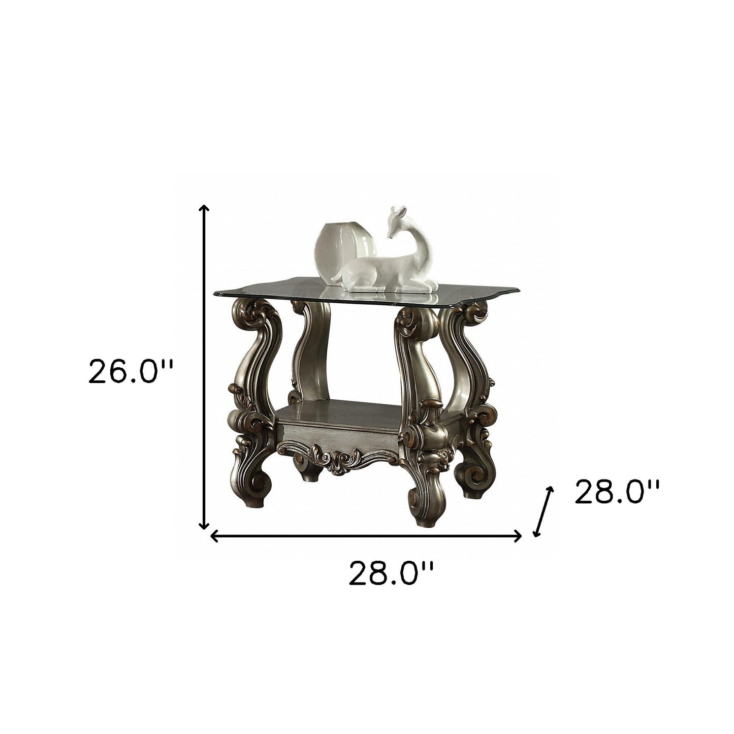 26" Antiqued Platinum Polyresin Scroll And Clear Glass Square End Table With Shelf