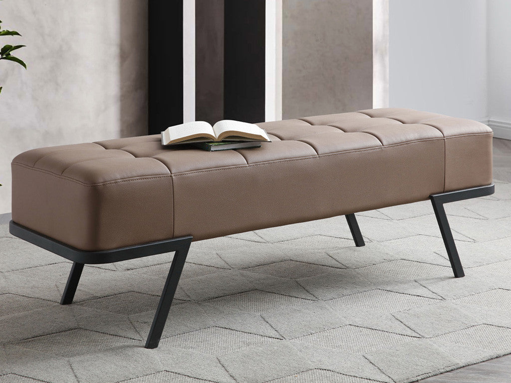 57" Taupe and Black Upholstered Faux Leather Bench