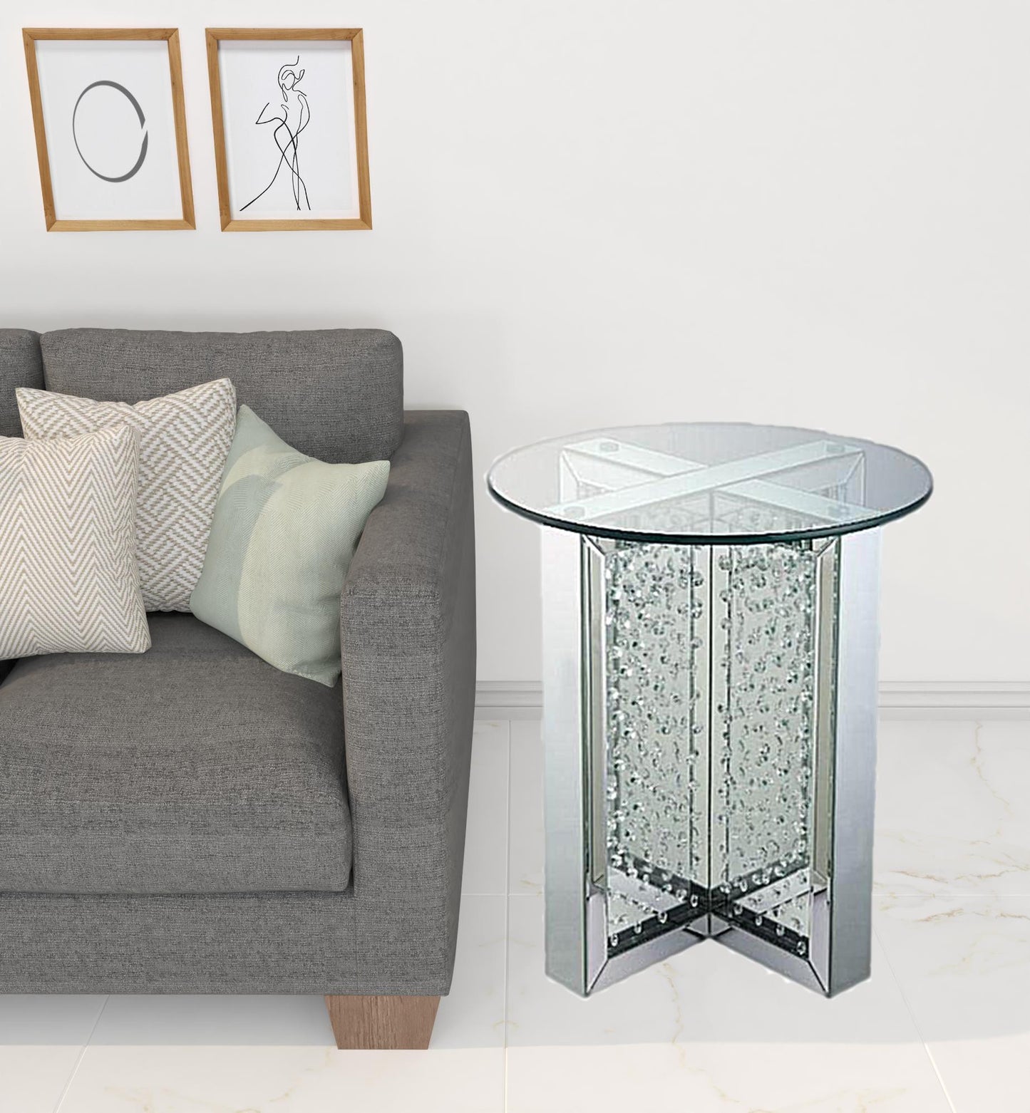 23" Clear Glass And Mirrored Round End Table With Drawer