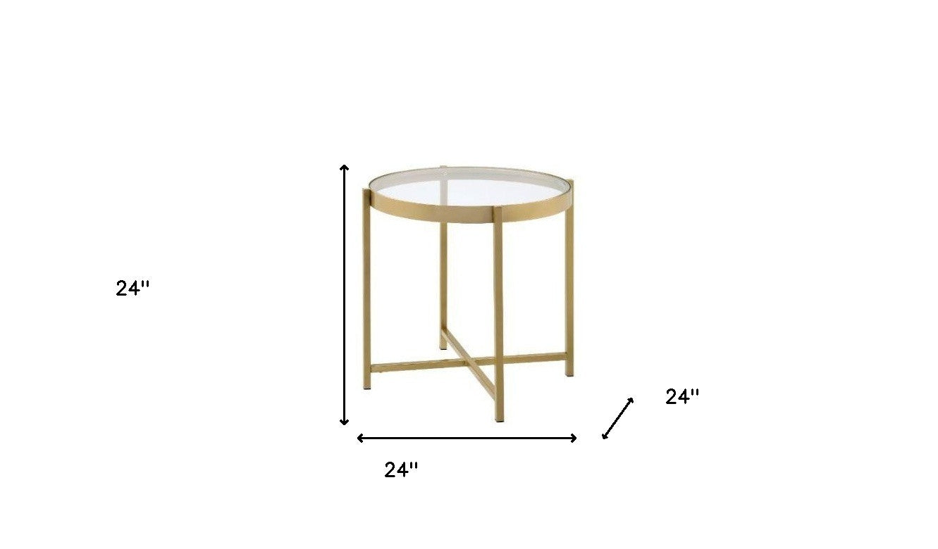 24" Gold And Clear Glass And Metal Round End Table