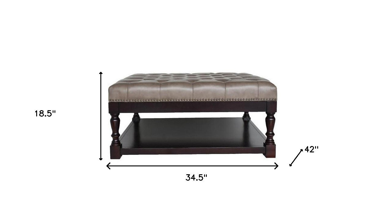 35" Gray And Dark Brown Leather And Solid Wood Coffee Table With Shelf