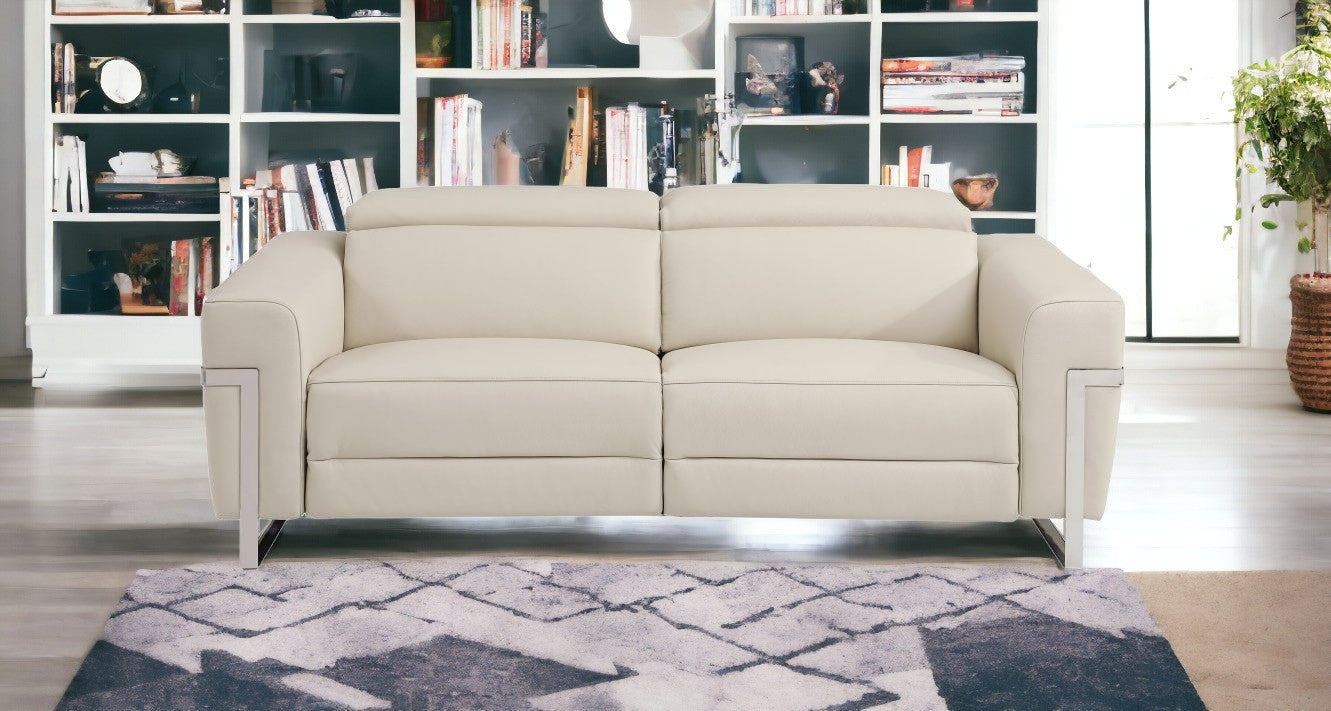 83" Beige And Silver Italian Leather USB Sofa