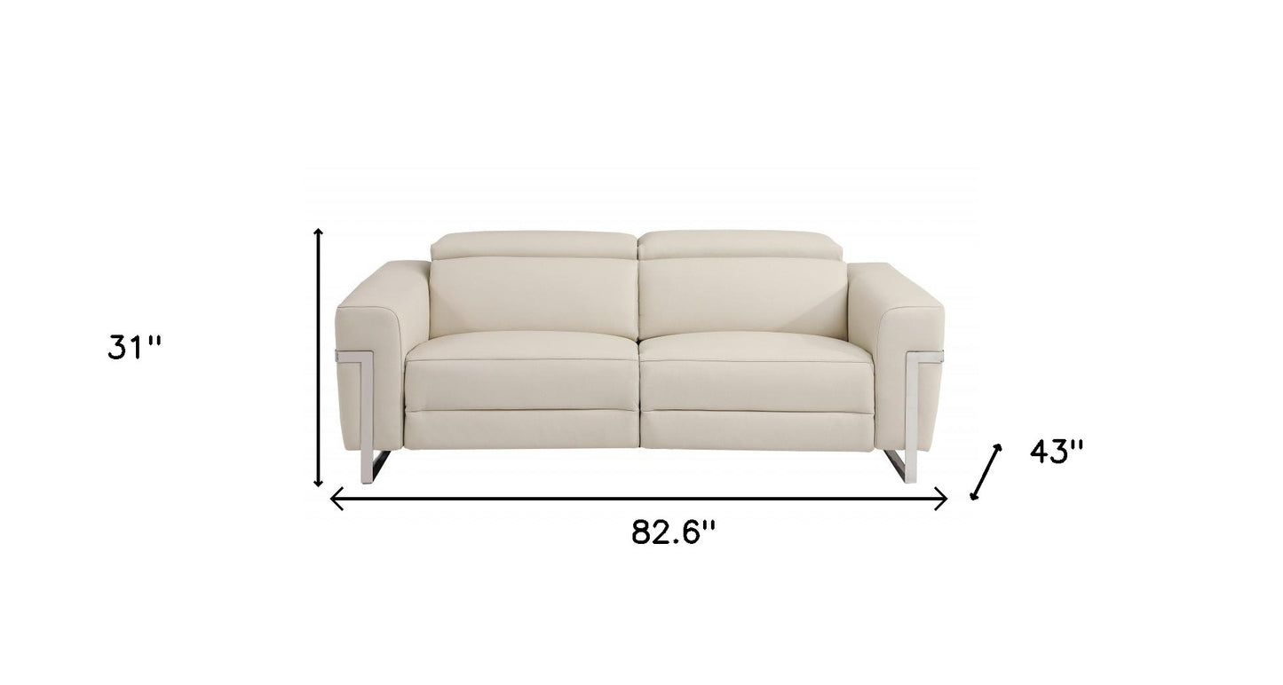 83" Beige And Silver Italian Leather USB Sofa