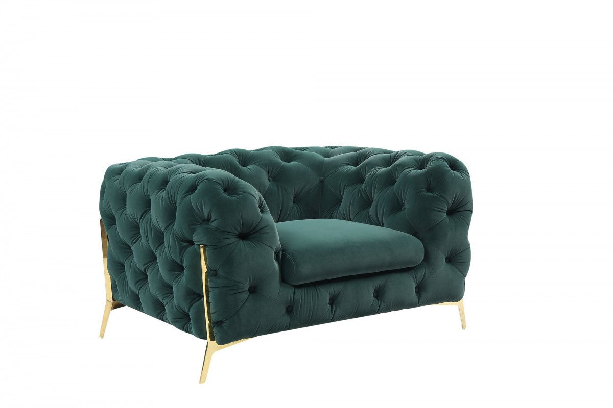 50" Green Tufted Velvet And Gold Solid Color Lounge Chair