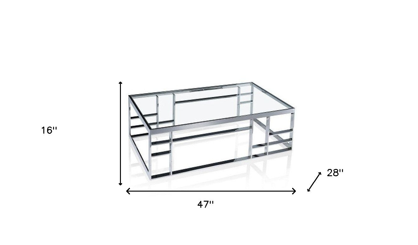 47" Silver And Clear Glass Rectangular Coffee Table